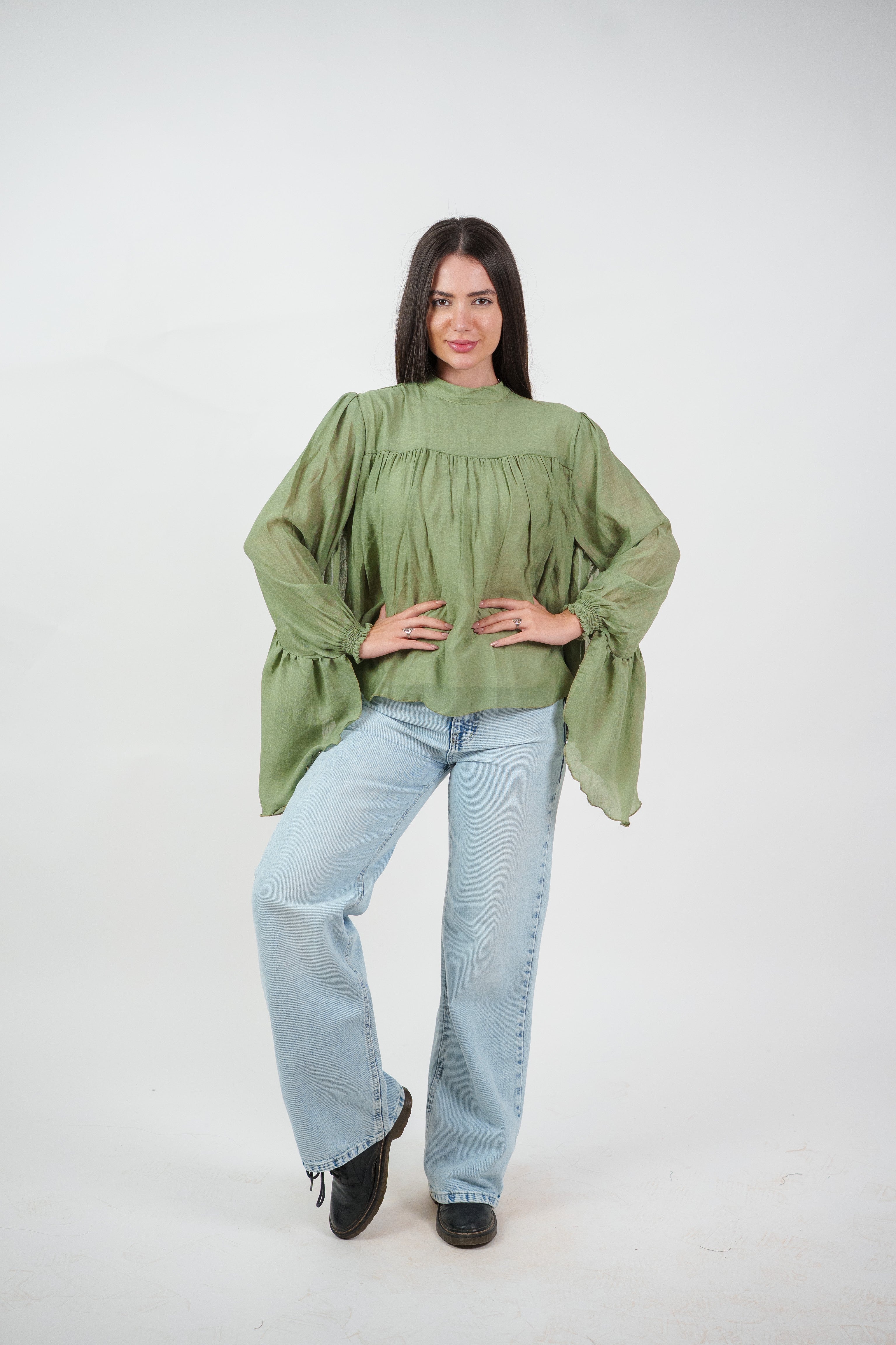 FLOWY SHEER BELL SLEEVE BLOUSE