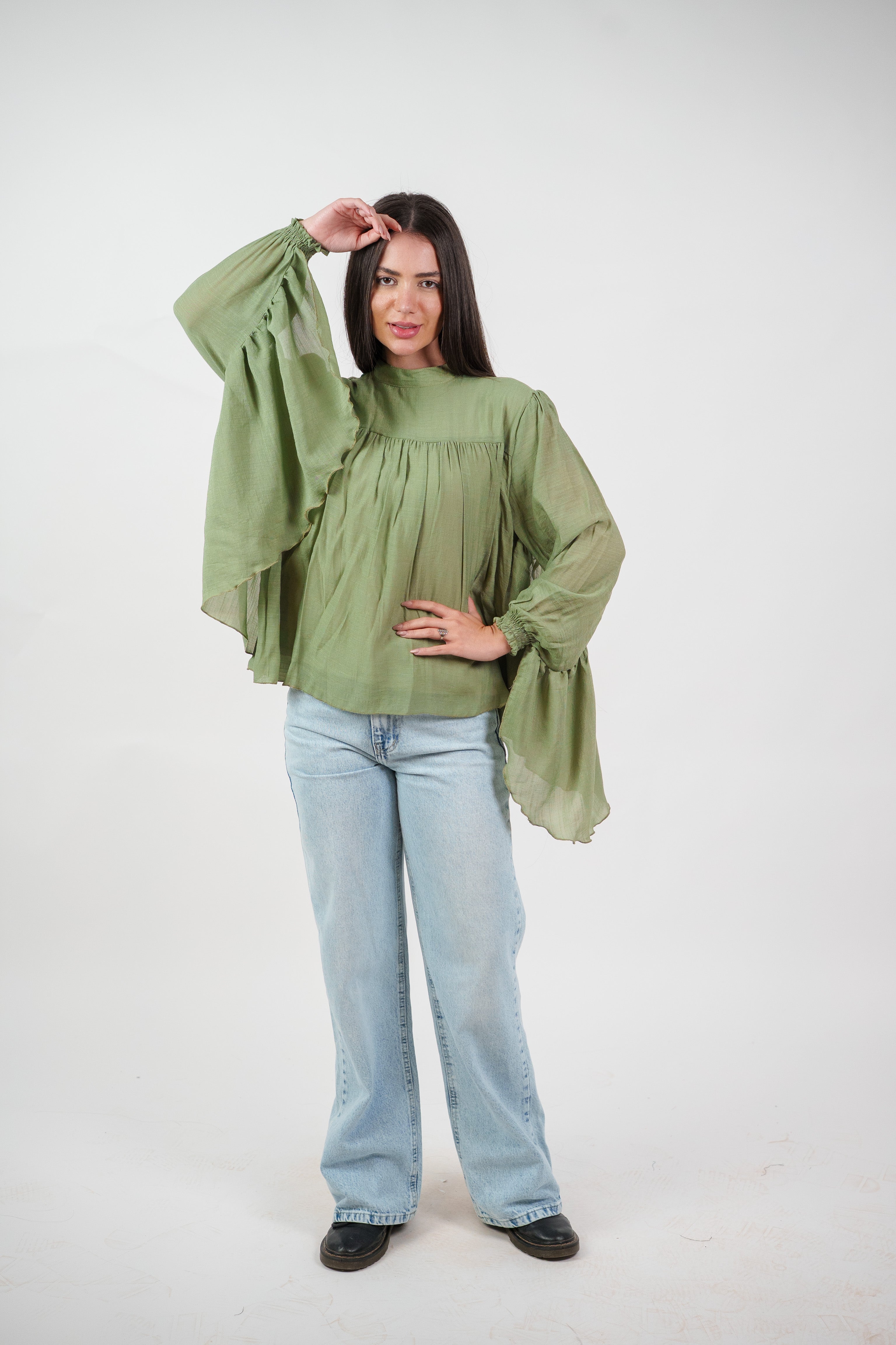 FLOWY SHEER BELL SLEEVE BLOUSE