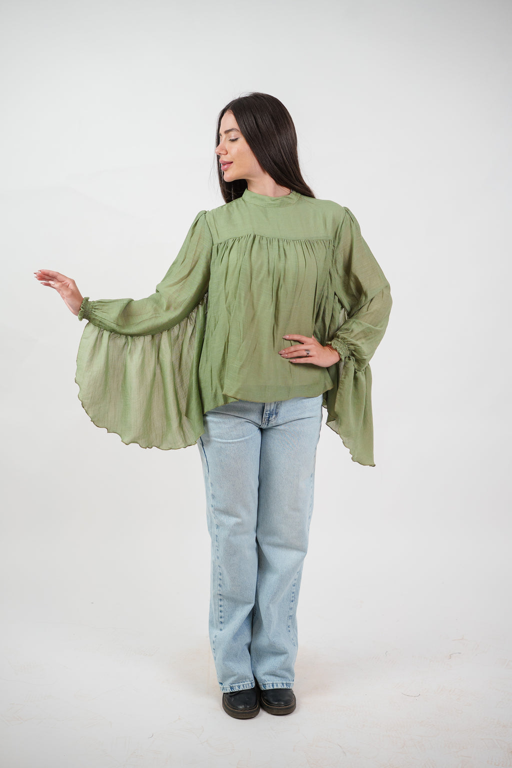 FLOWY SHEER BELL SLEEVE BLOUSE