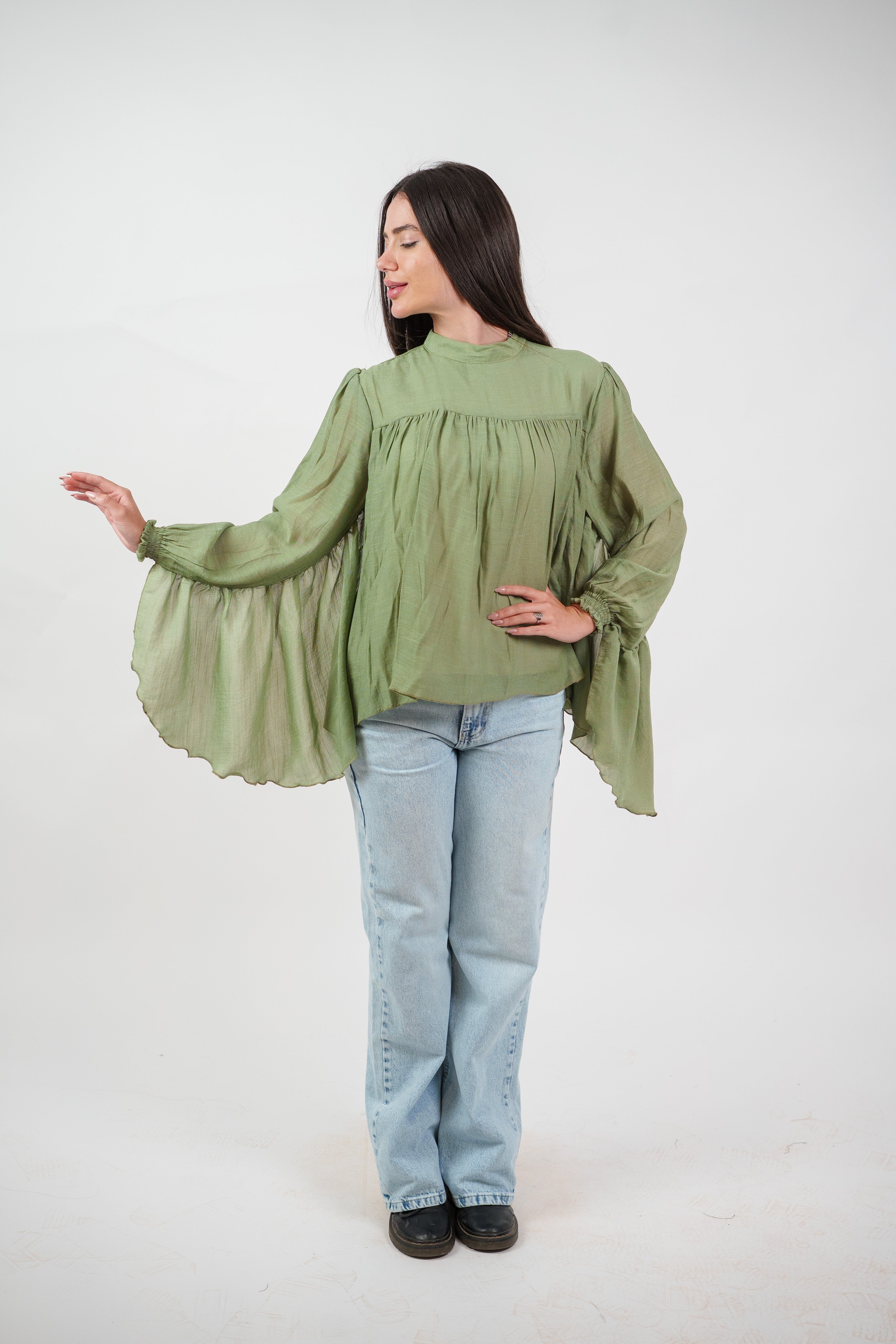 FLOWY SHEER BELL SLEEVE BLOUSE