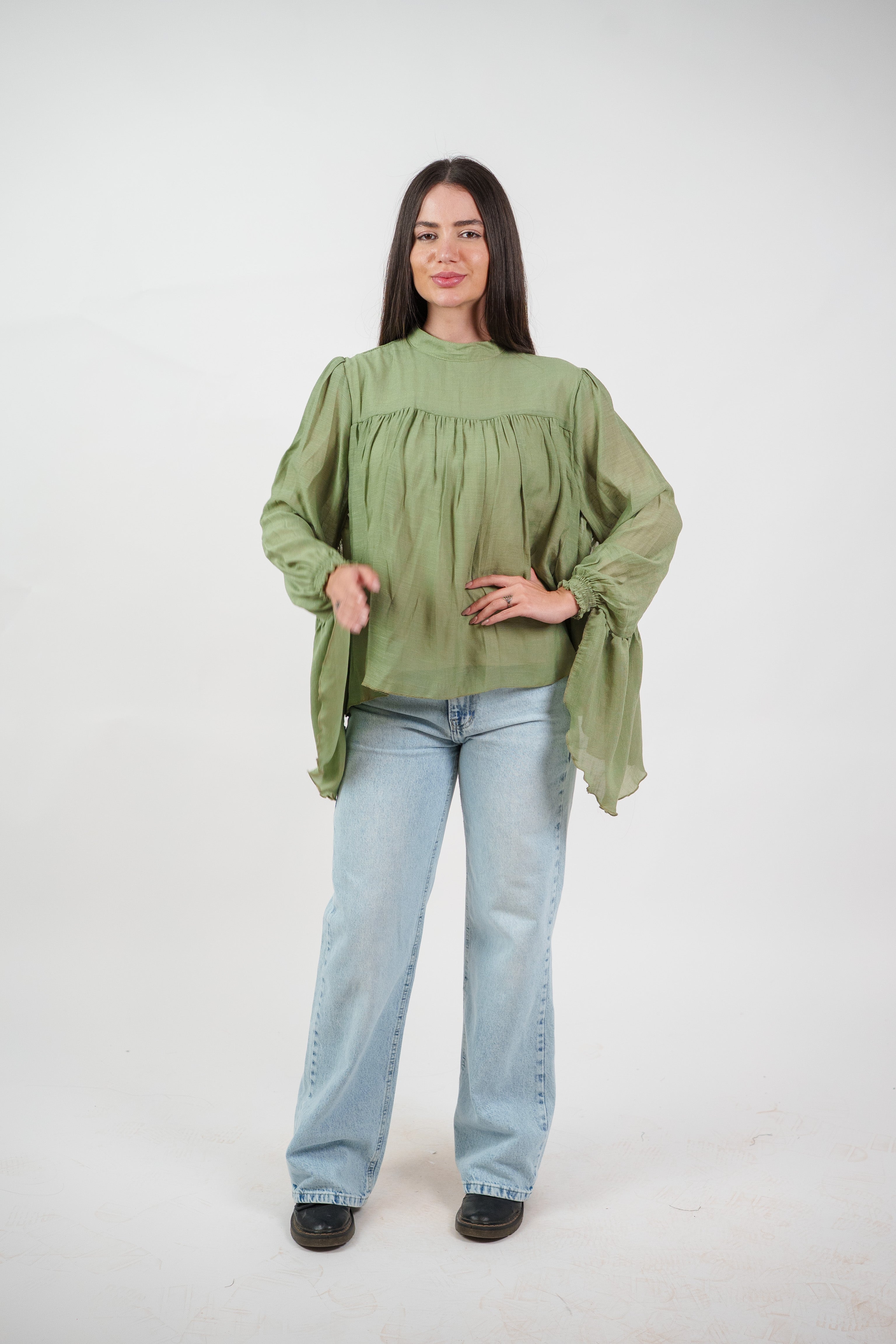 FLOWY SHEER BELL SLEEVE BLOUSE