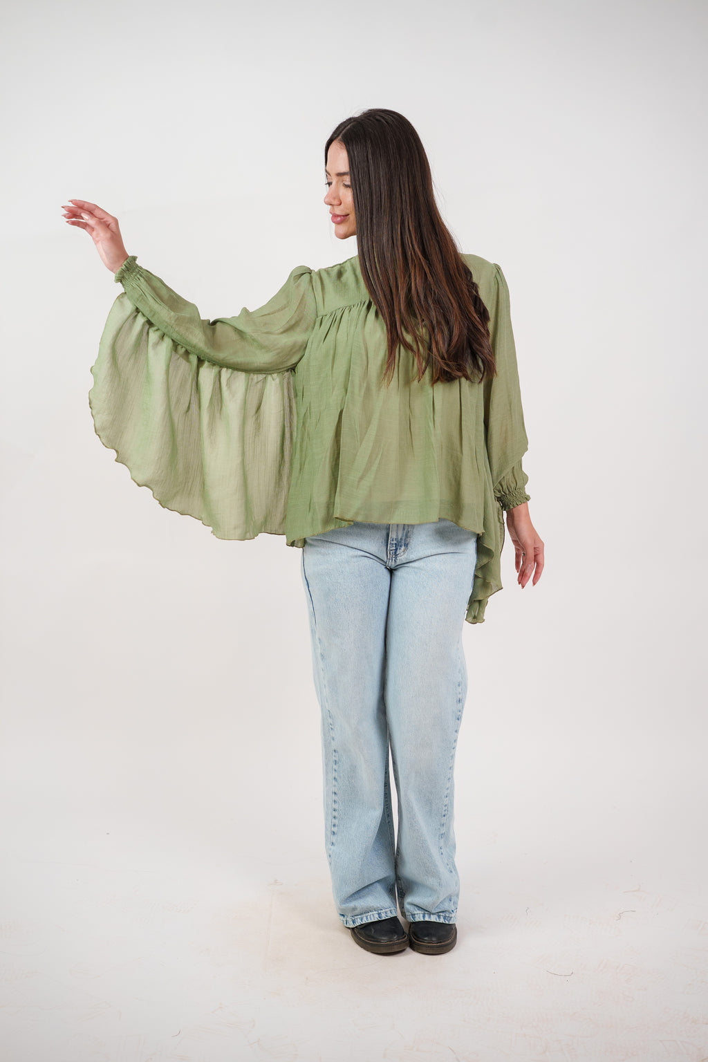 FLOWY SHEER BELL SLEEVE BLOUSE