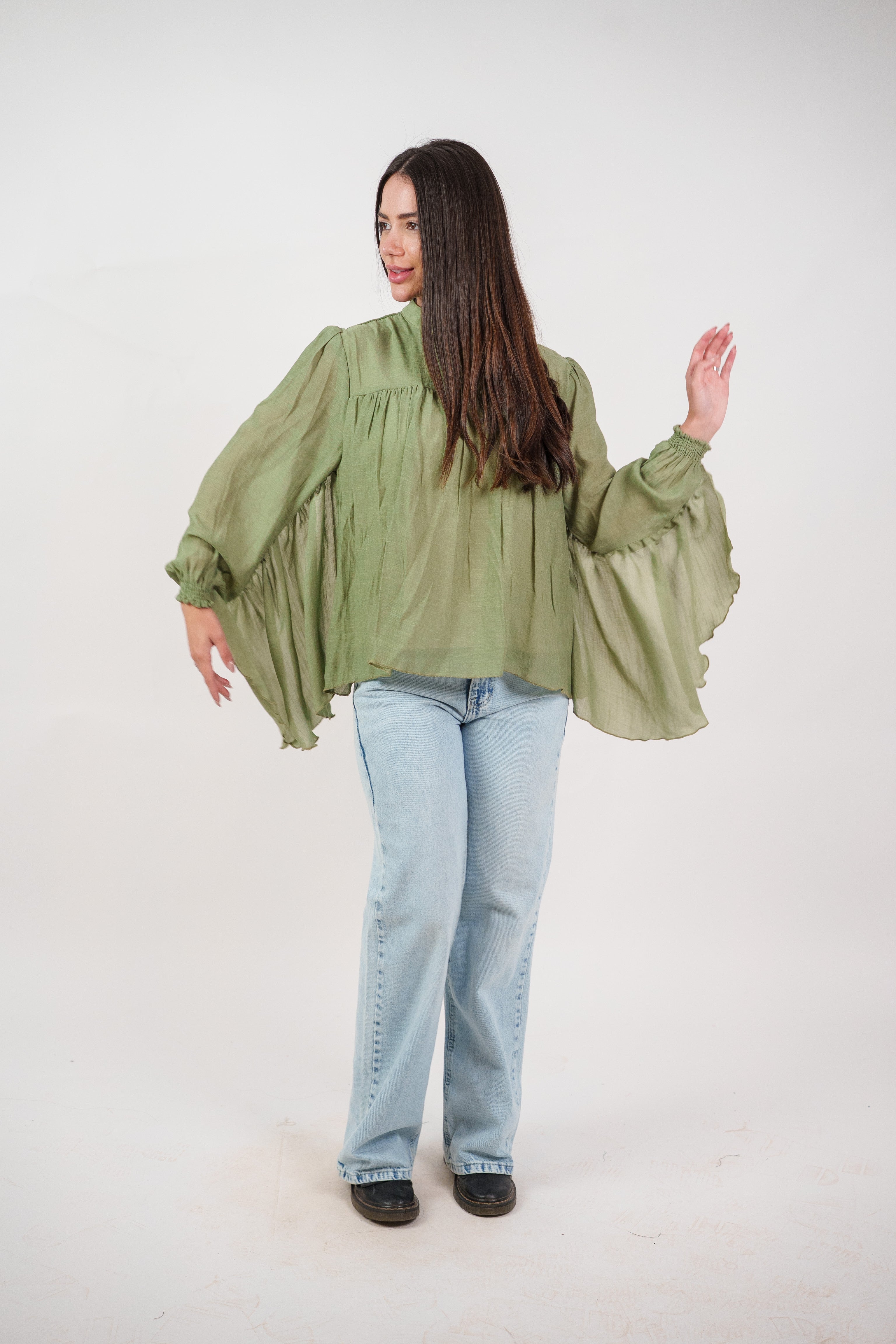 FLOWY SHEER BELL SLEEVE BLOUSE