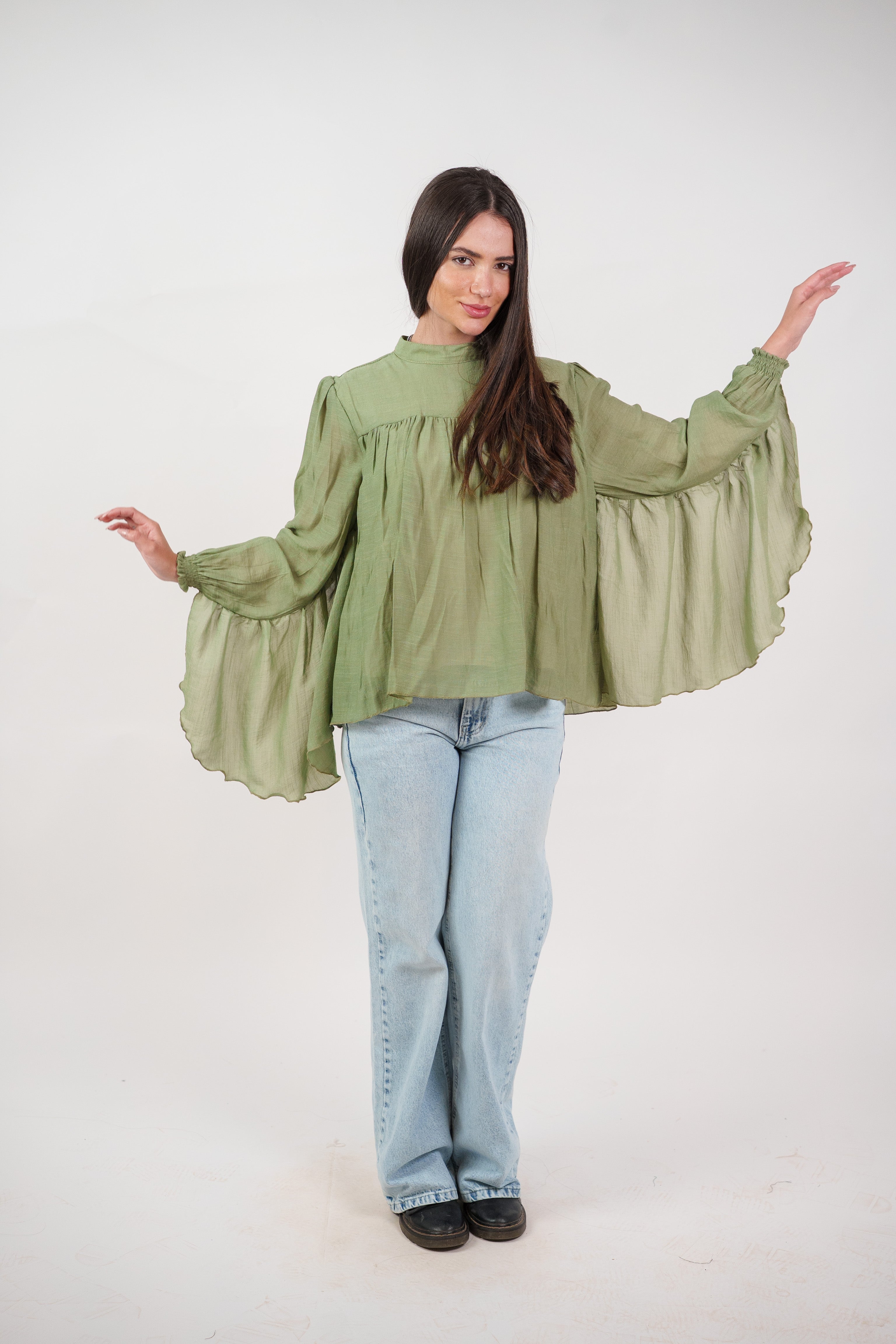 FLOWY SHEER BELL SLEEVE BLOUSE