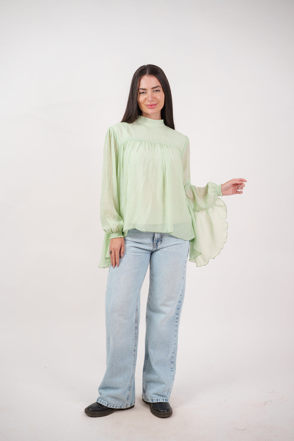 FLOWY SHEER BELL SLEEVE BLOUSE