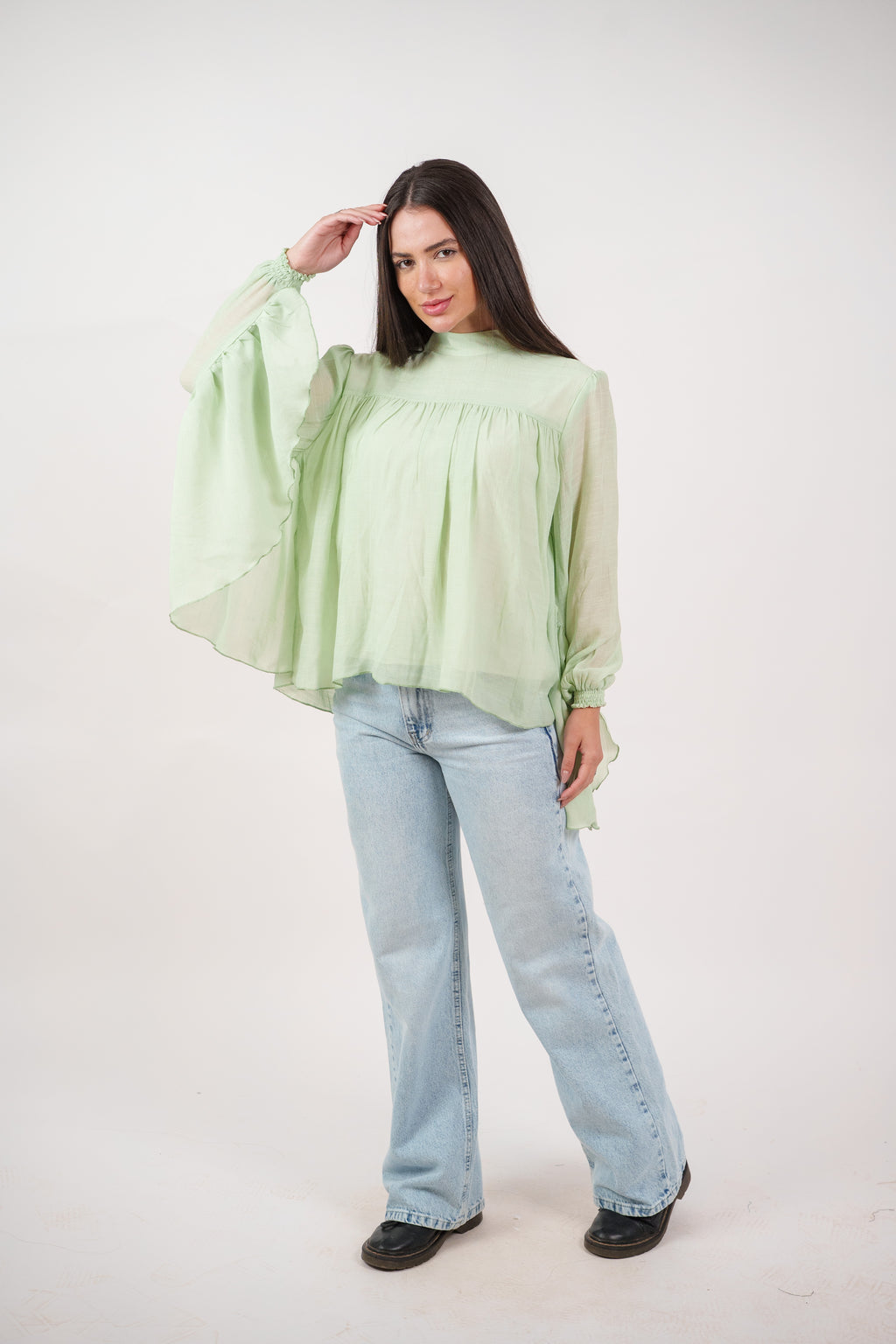 FLOWY SHEER BELL SLEEVE BLOUSE