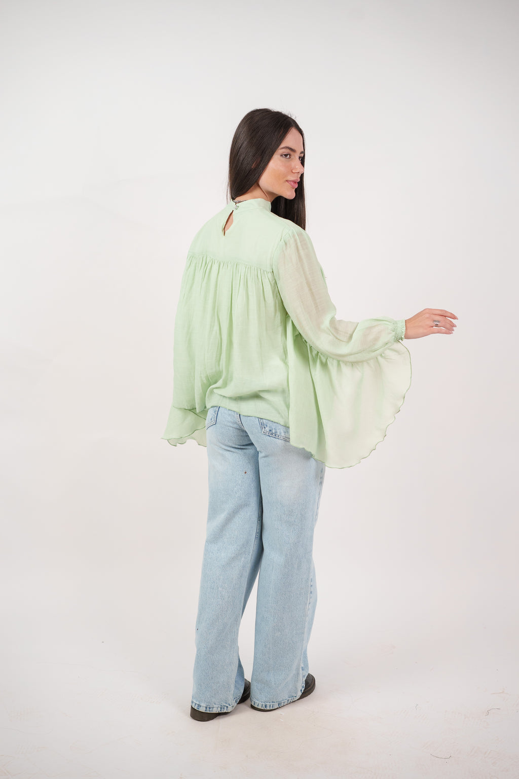 FLOWY SHEER BELL SLEEVE BLOUSE