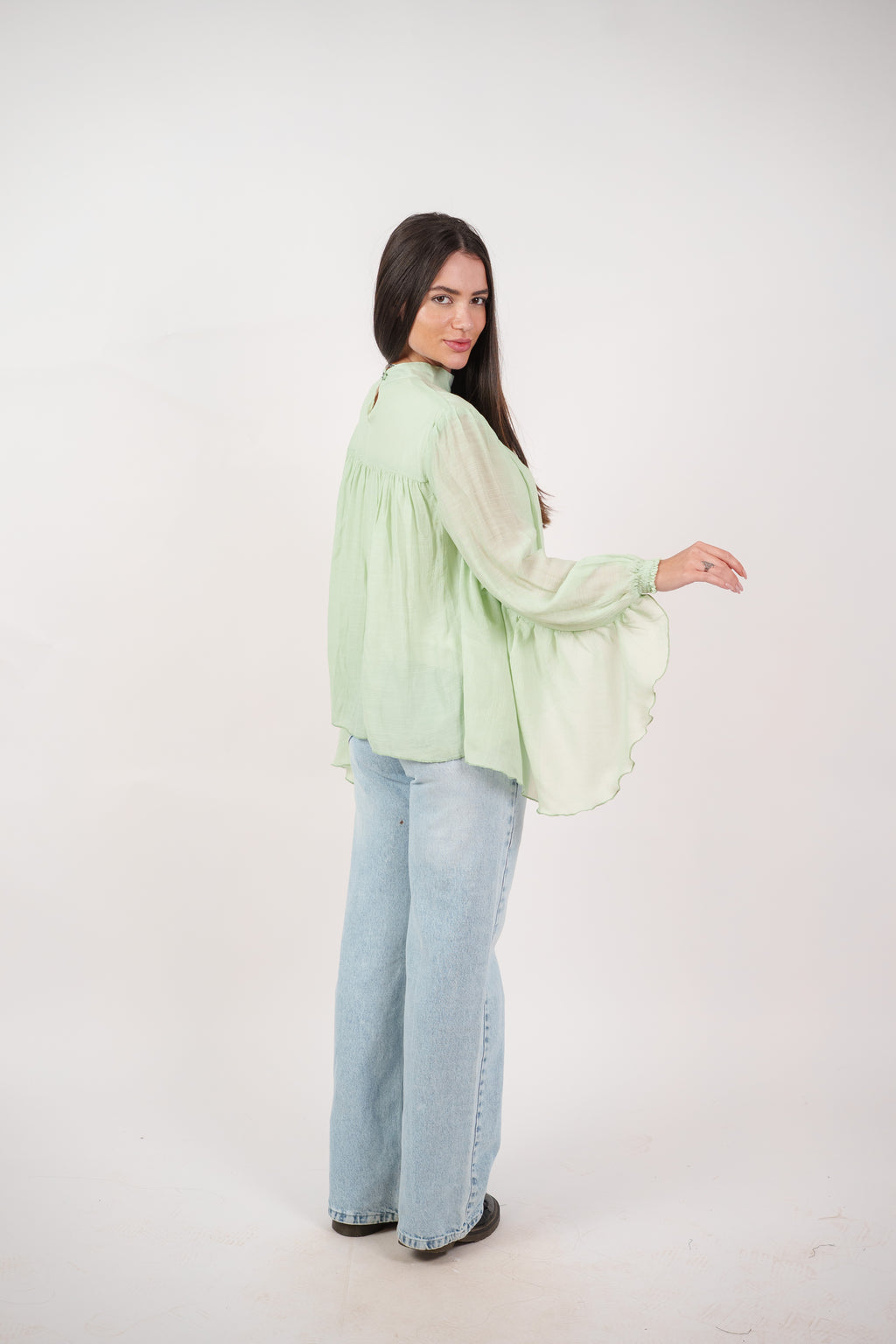 FLOWY SHEER BELL SLEEVE BLOUSE