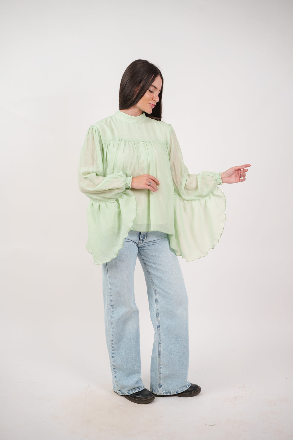 FLOWY SHEER BELL SLEEVE BLOUSE