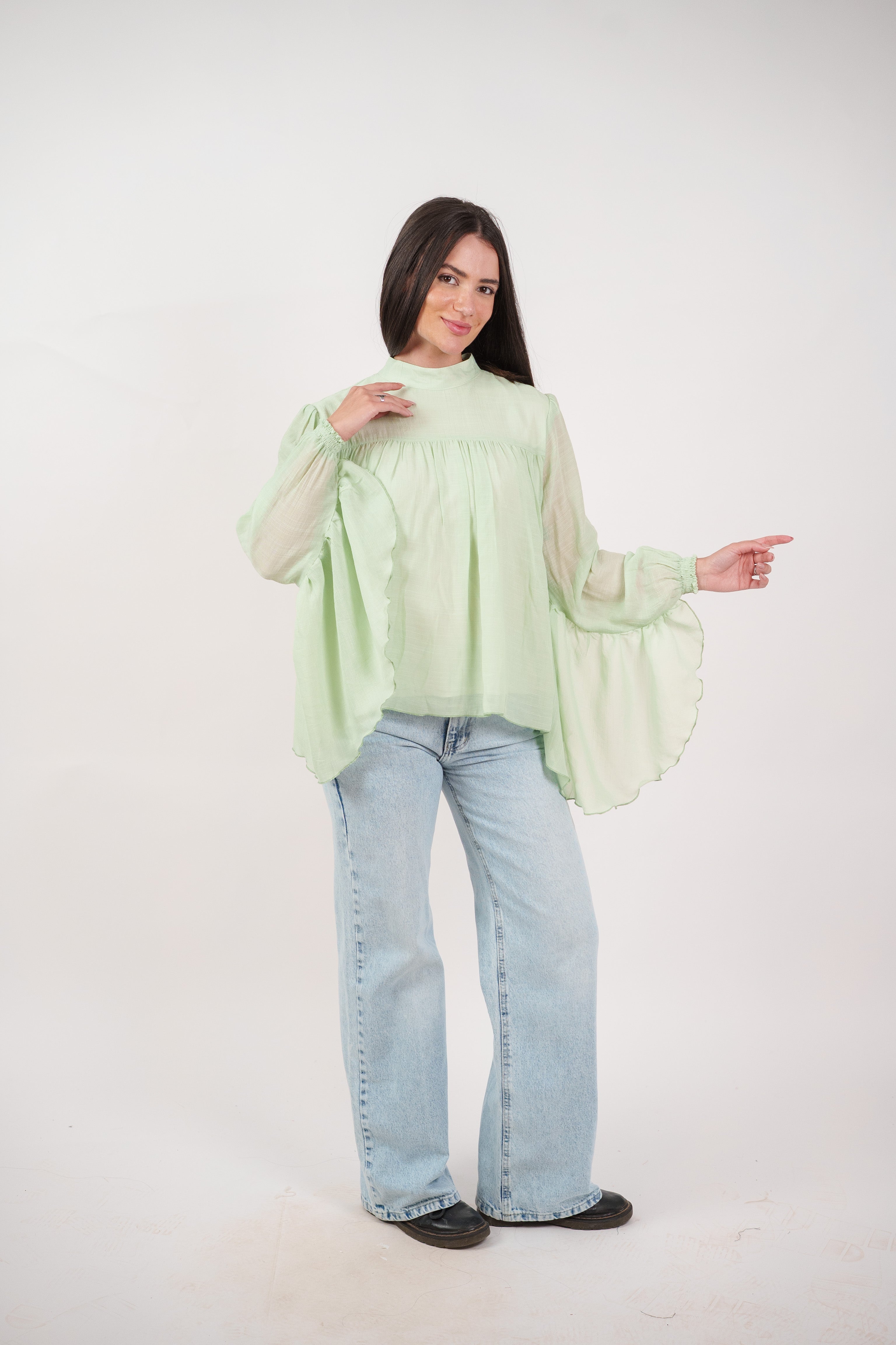 FLOWY SHEER BELL SLEEVE BLOUSE