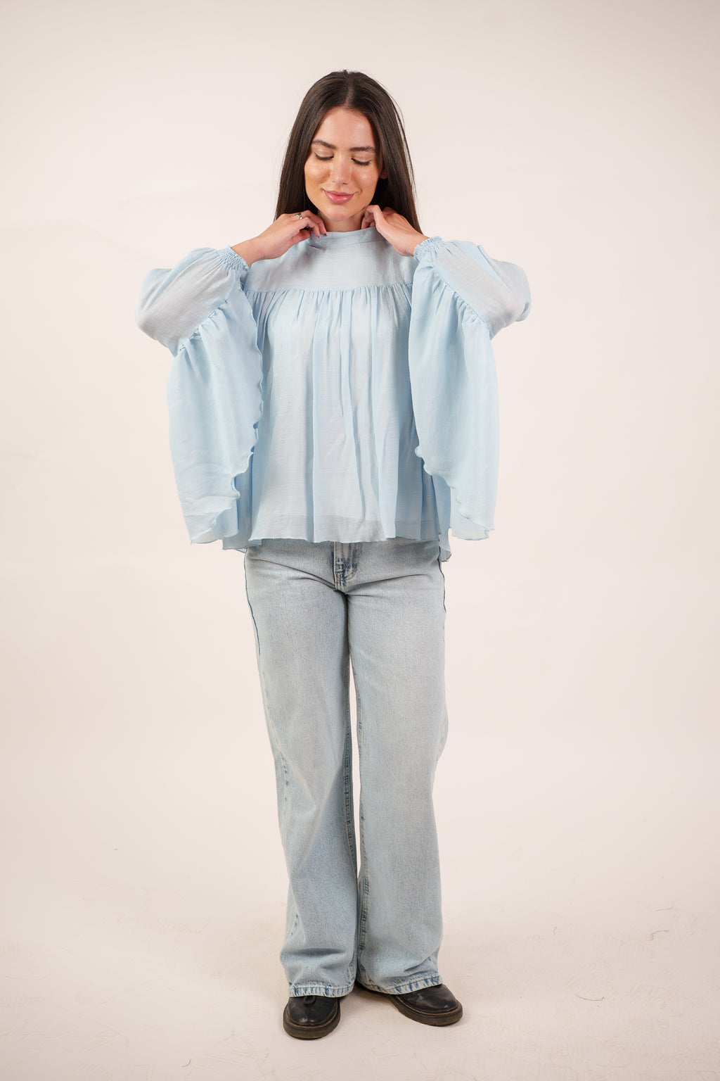 FLOWY SHEER BELL SLEEVE BLOUSE