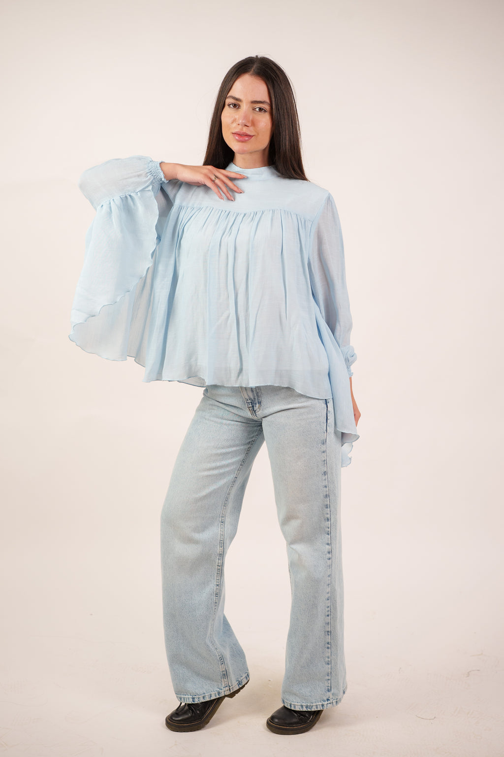 FLOWY SHEER BELL SLEEVE BLOUSE