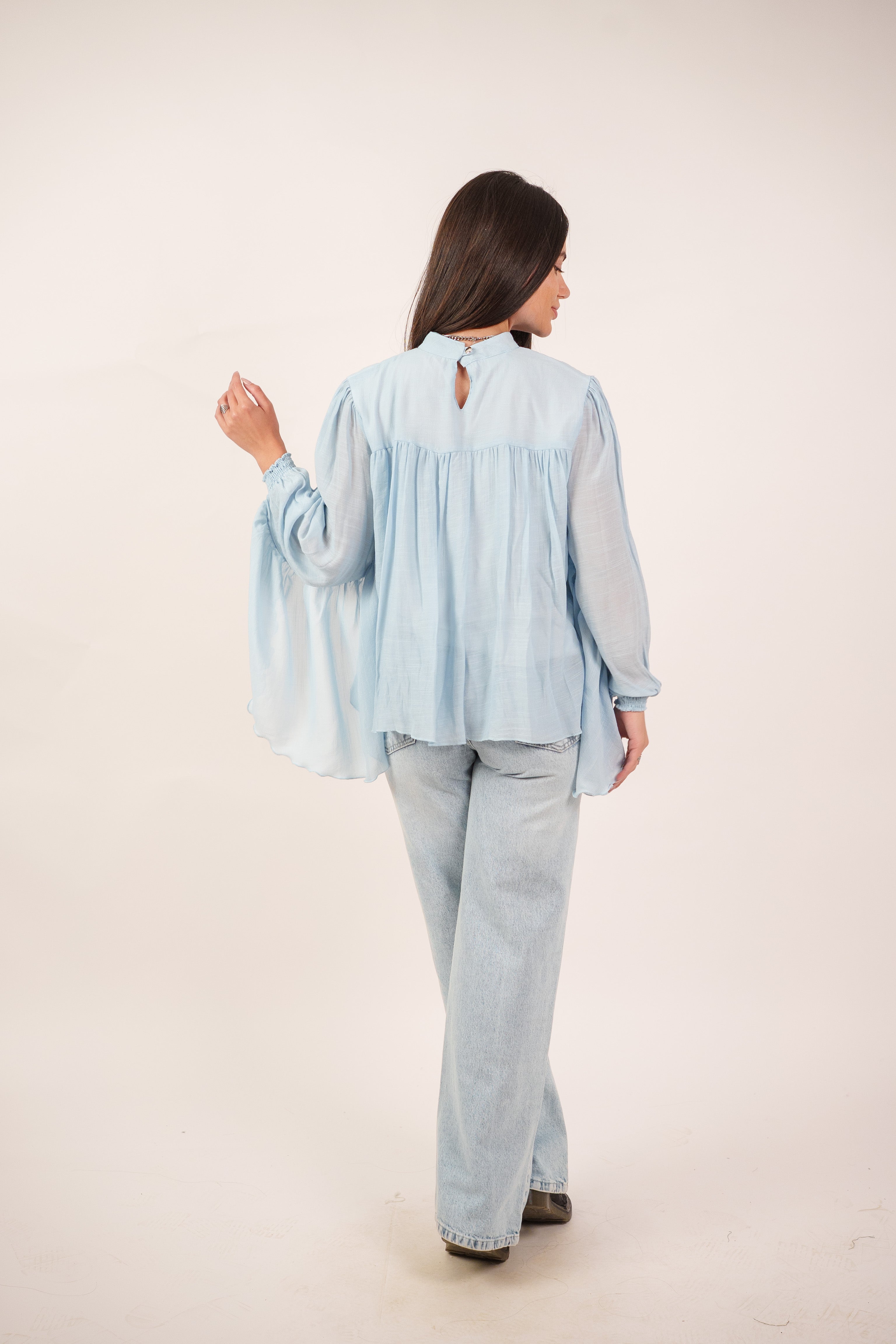 FLOWY SHEER BELL SLEEVE BLOUSE