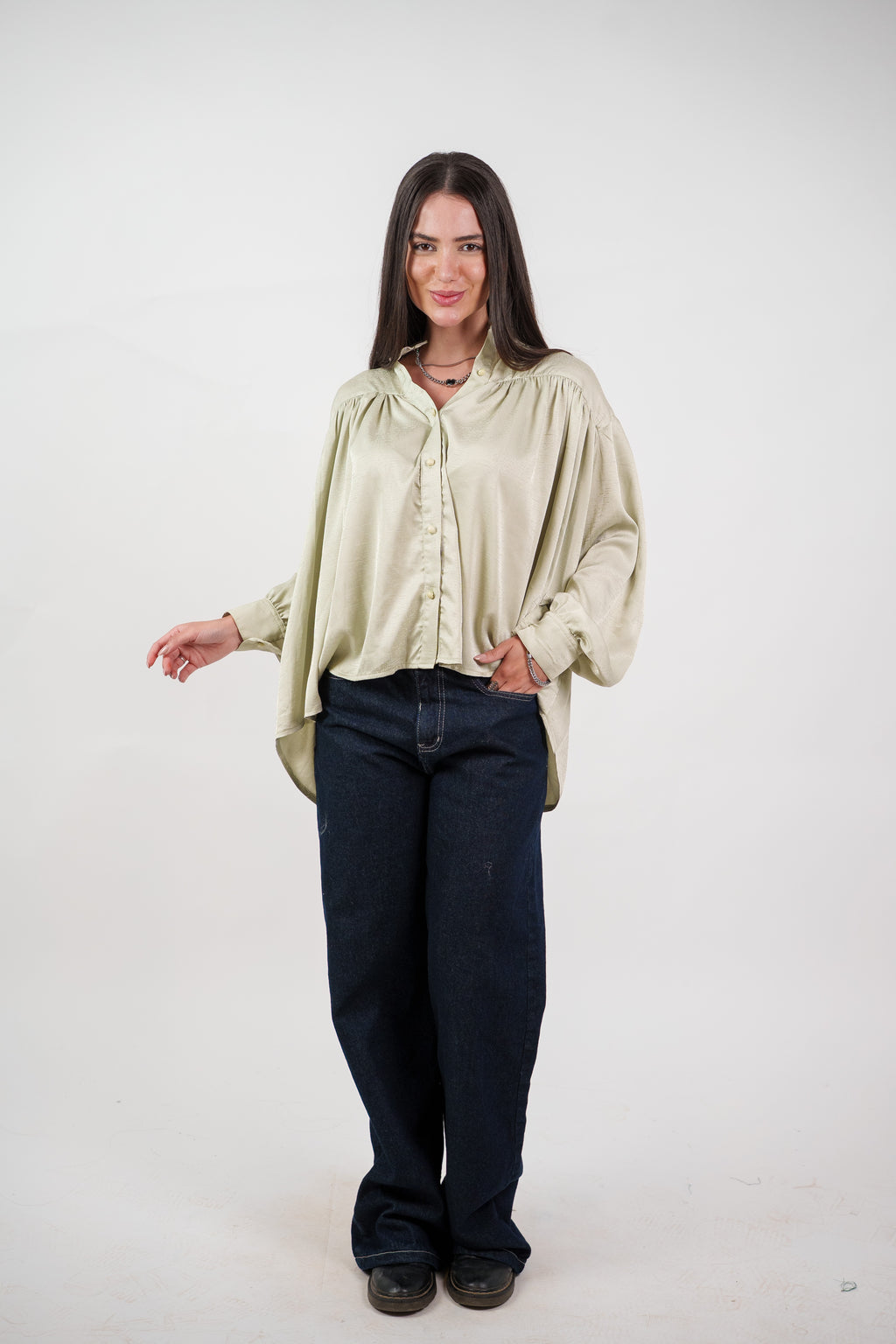 SATIN BALLOON SLEEVE BLOUSE