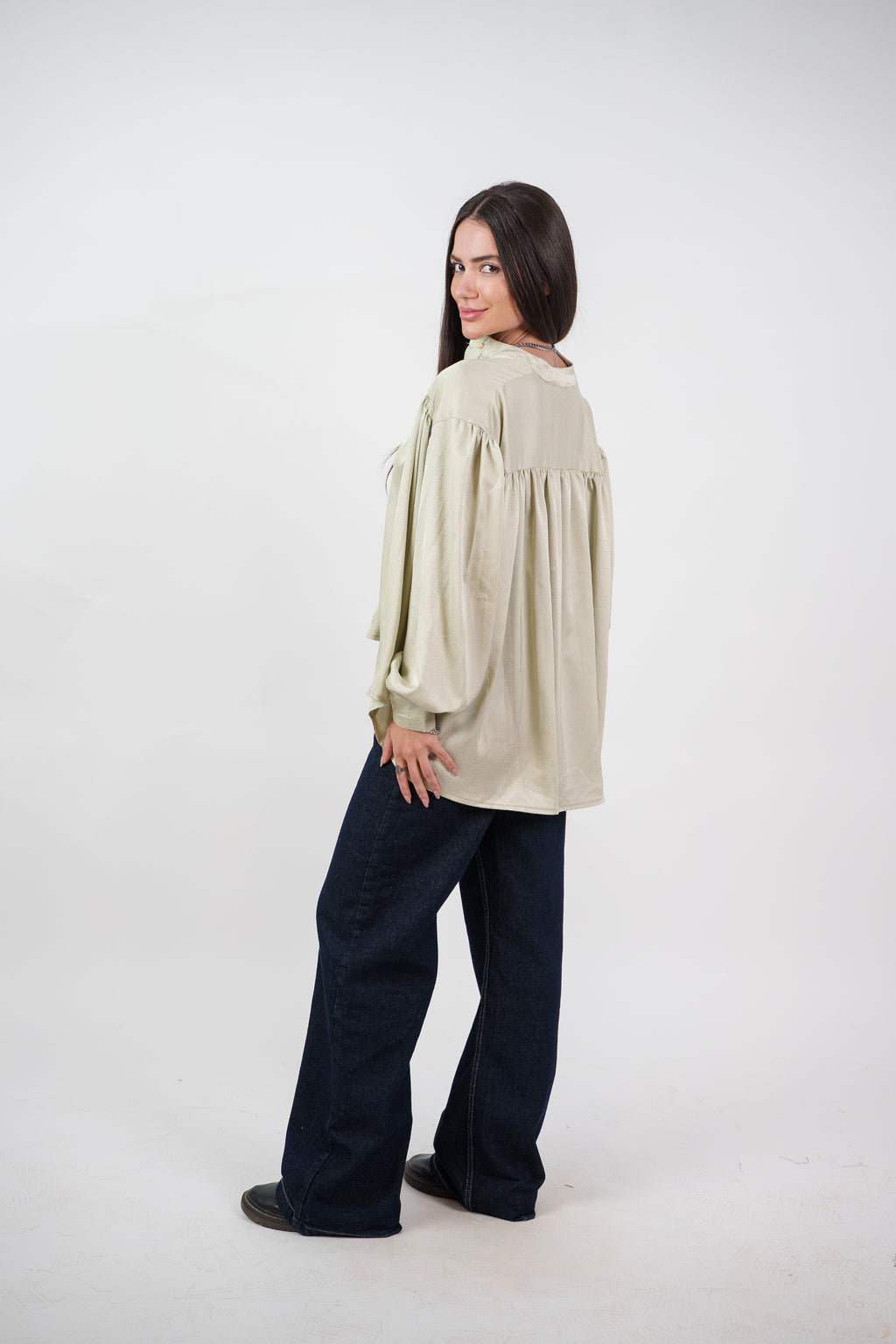 SATIN BALLOON SLEEVE BLOUSE
