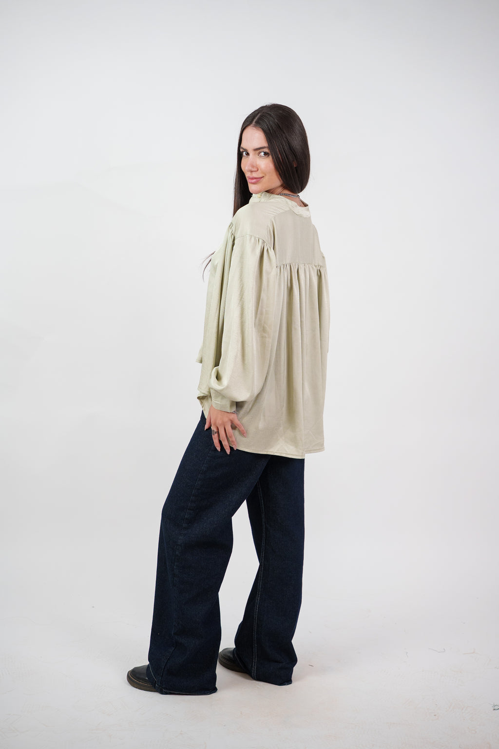 SATIN BALLOON SLEEVE BLOUSE