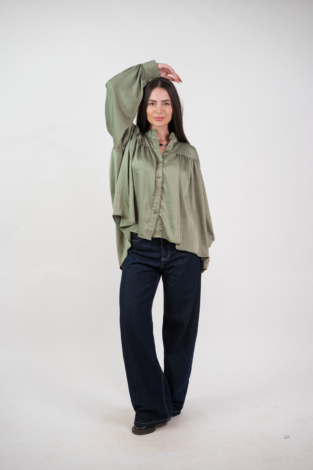 SATIN BALLOON SLEEVE BLOUSE