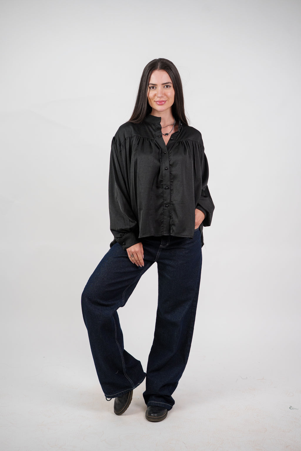 SATIN BALLOON SLEEVE BLOUSE