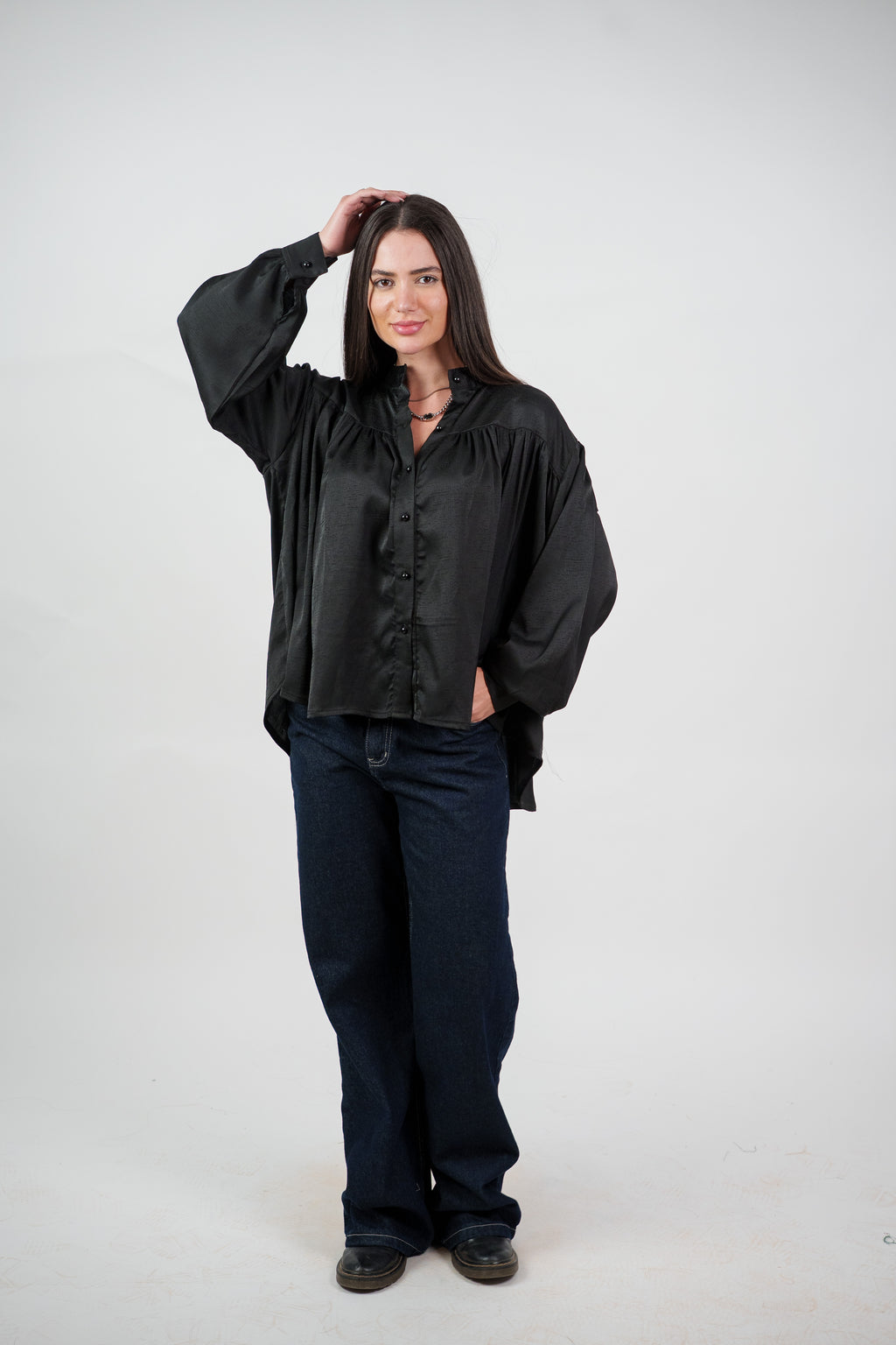 SATIN BALLOON SLEEVE BLOUSE