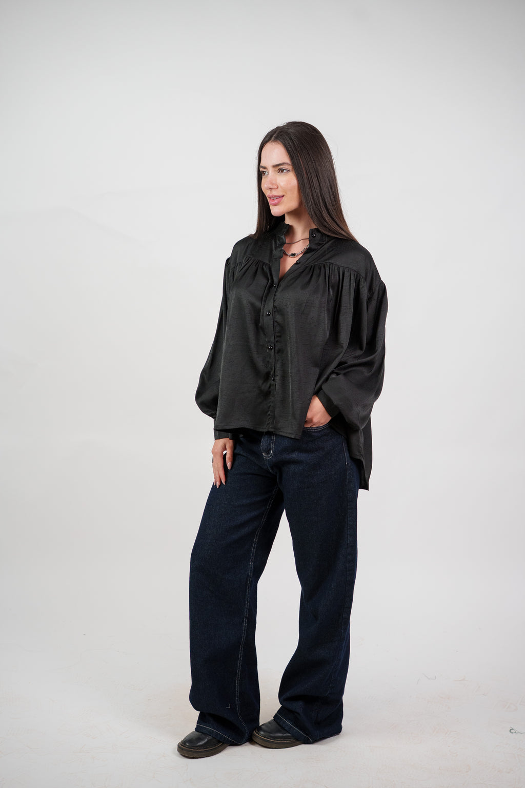 SATIN BALLOON SLEEVE BLOUSE