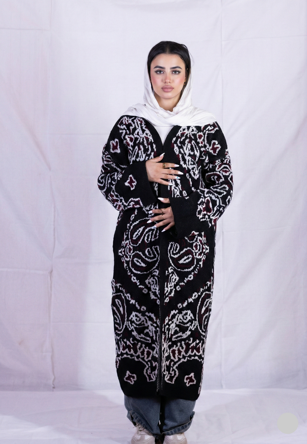 Paisley Knit Open Cardigan / black