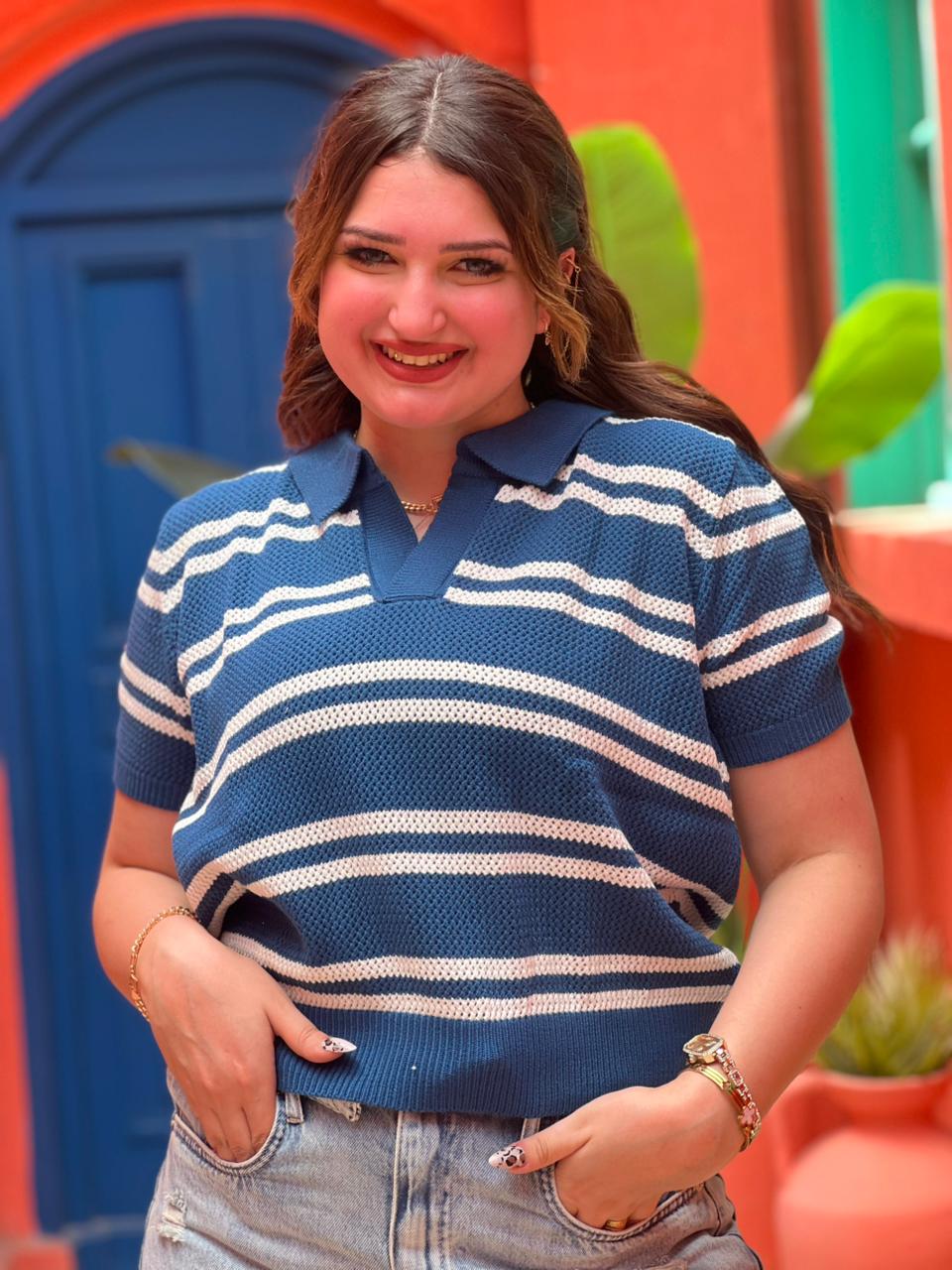 Striped Knit Polo Top