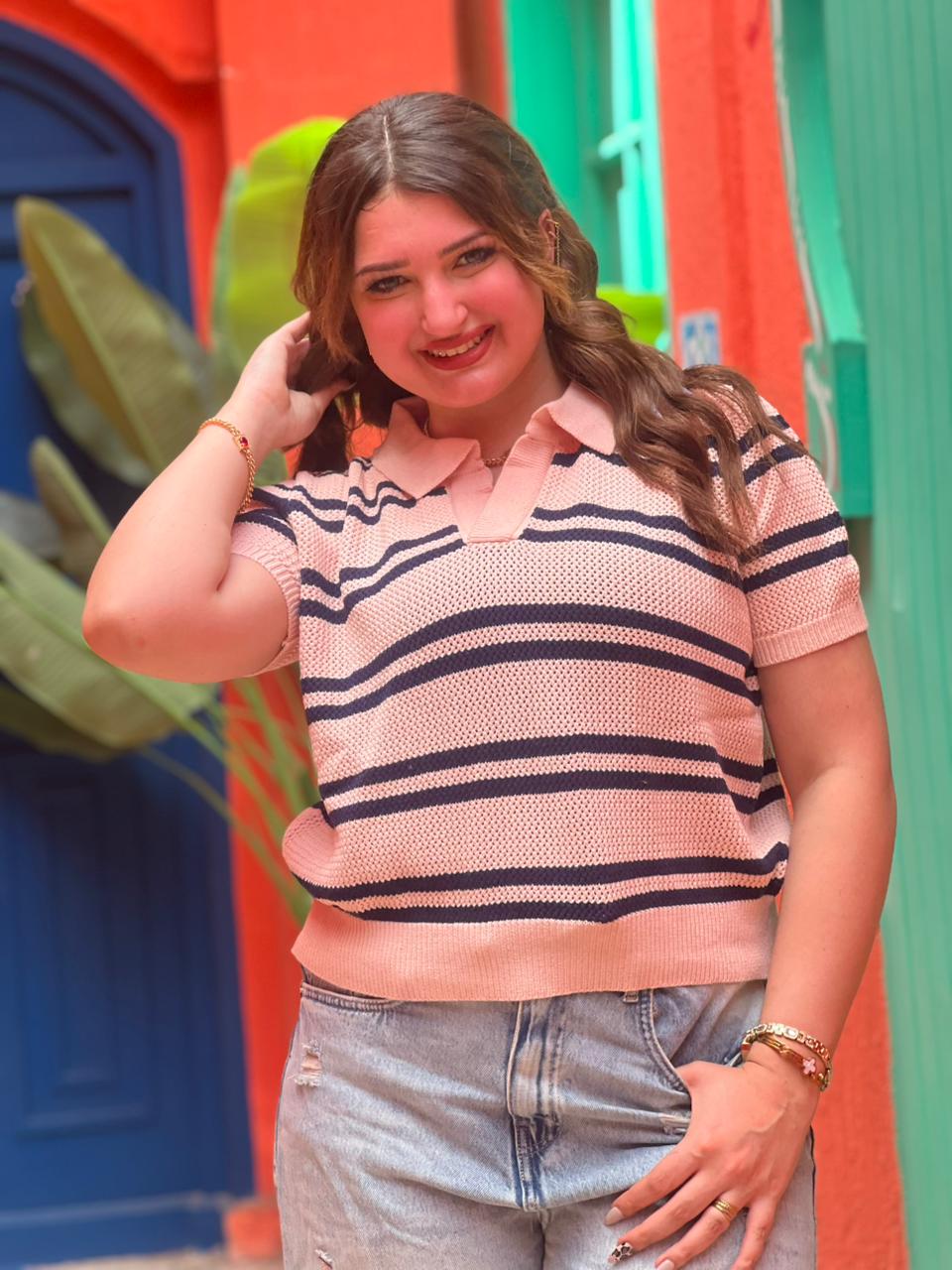 Striped Knit Polo Top