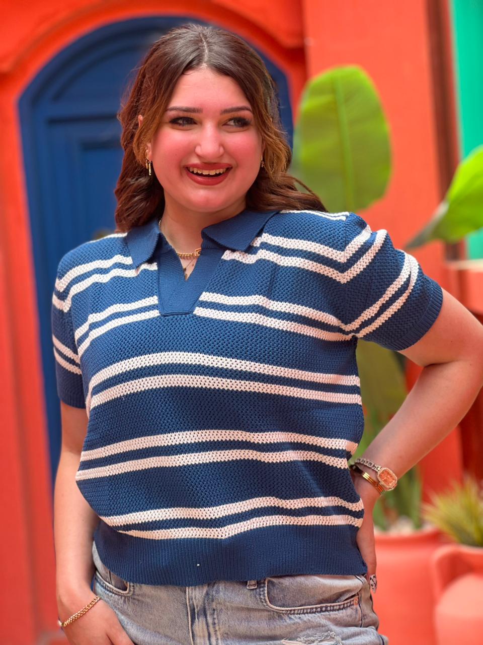 Striped Knit Polo Top