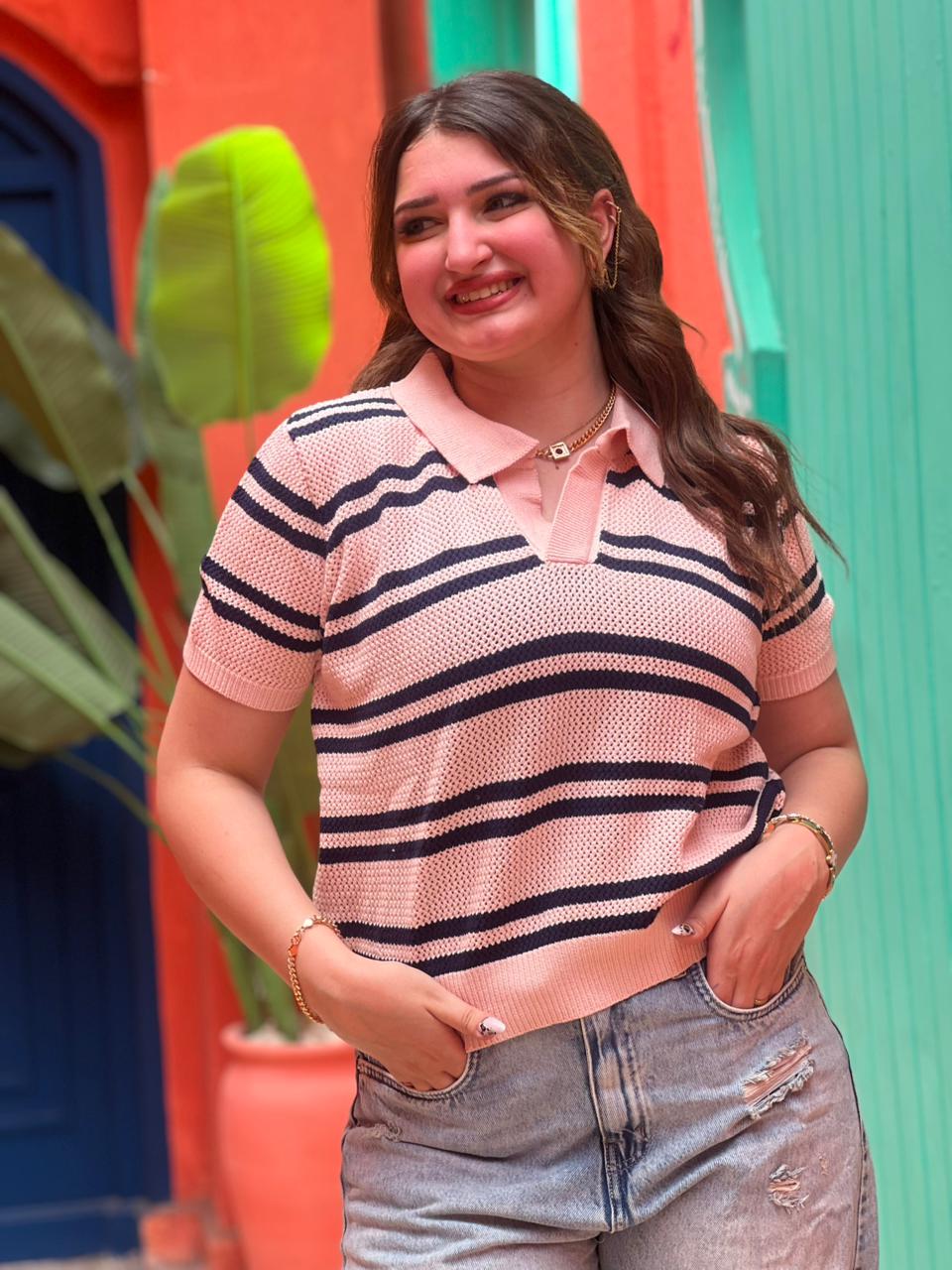Striped Knit Polo Top
