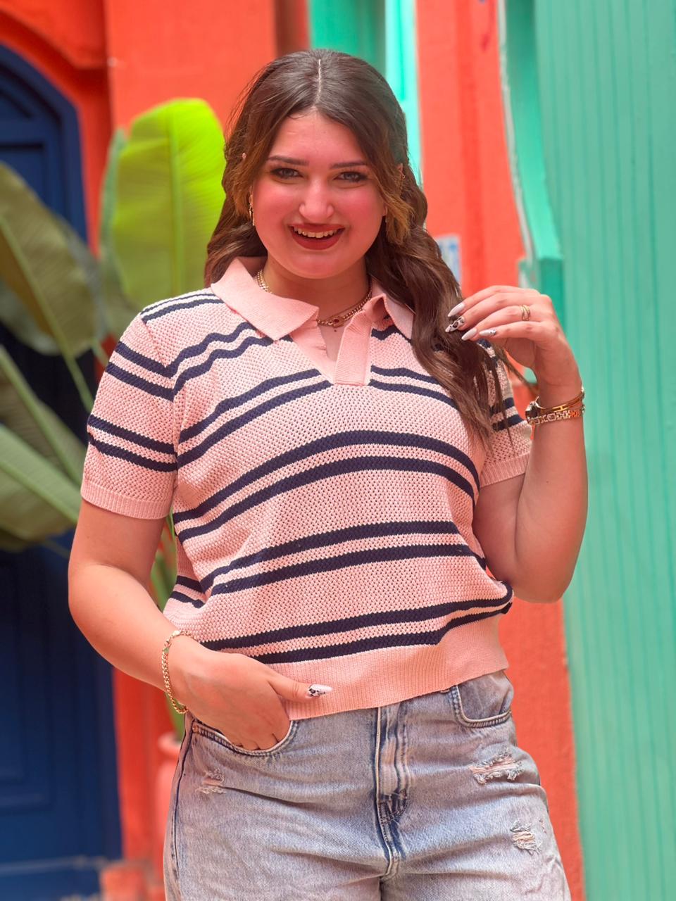 Striped Knit Polo Top