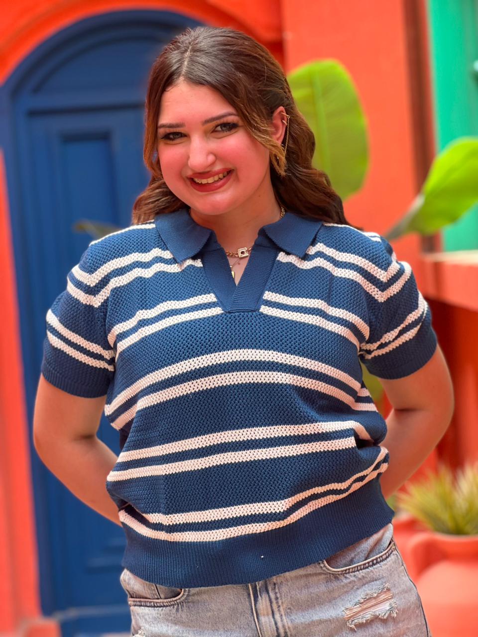 Striped Knit Polo Top