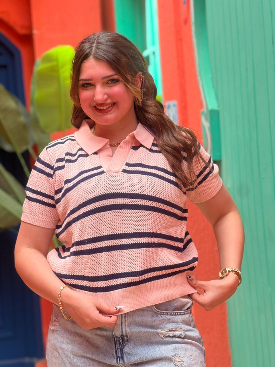 Striped Knit Polo Top