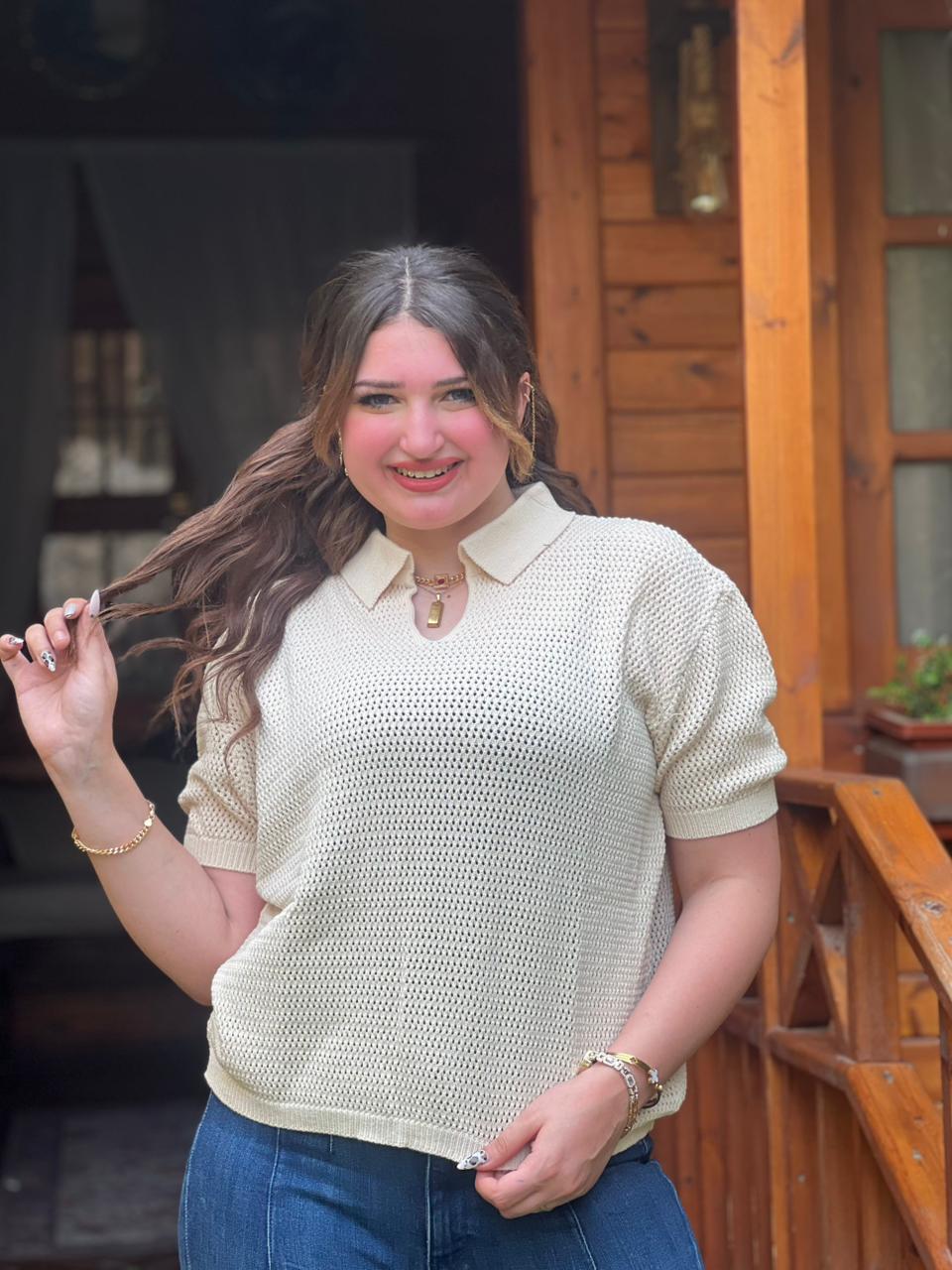Open Knit Polo Top