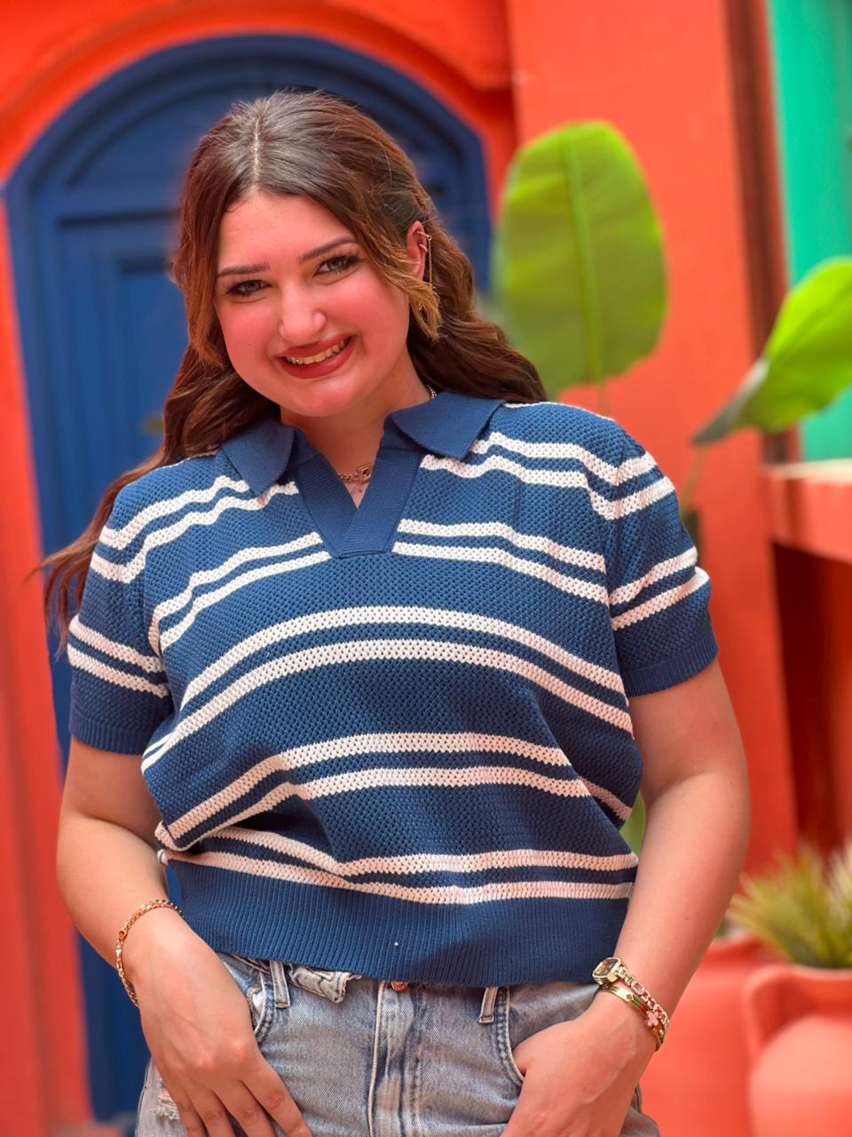 Striped Knit Polo Top