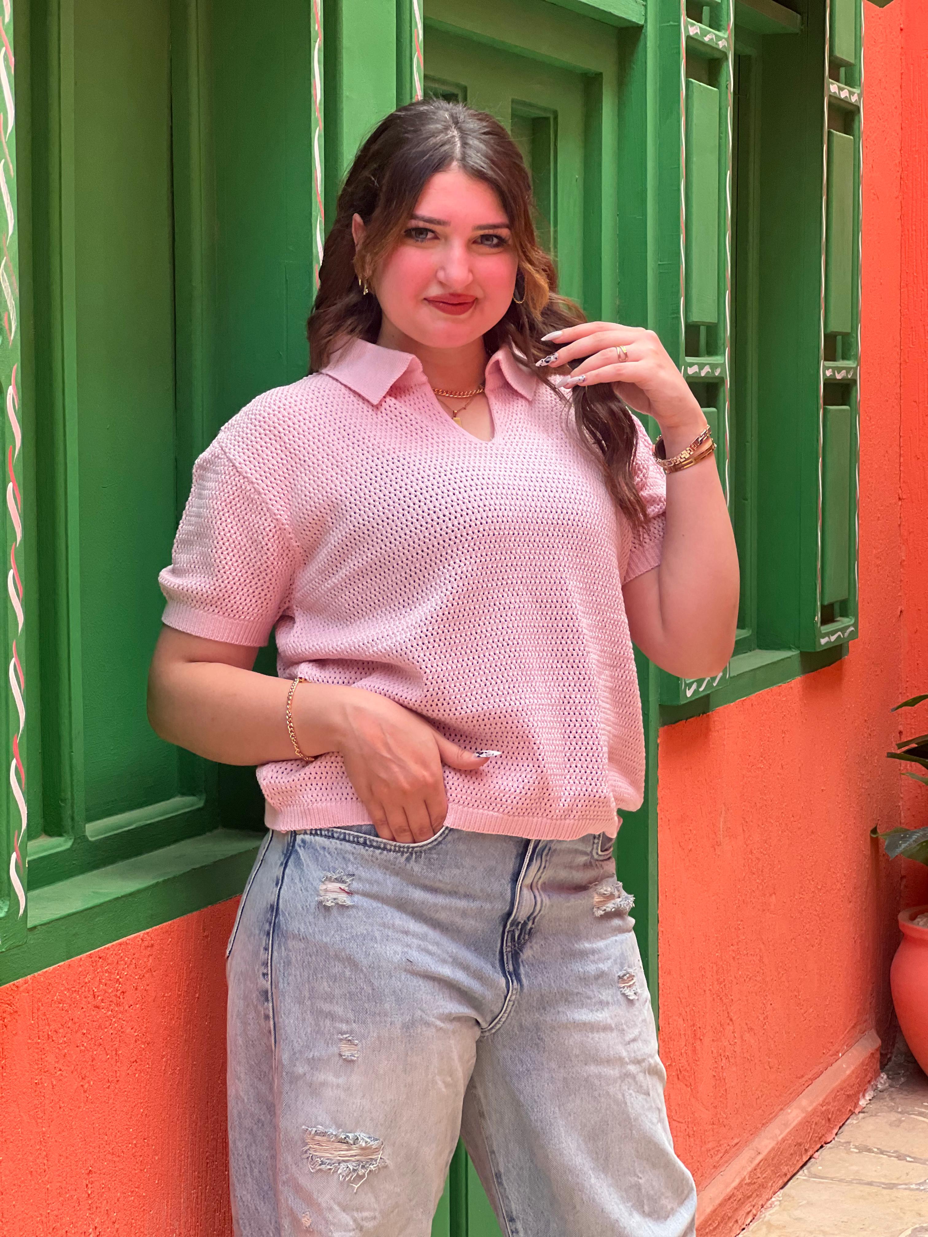 Open Knit Polo Top