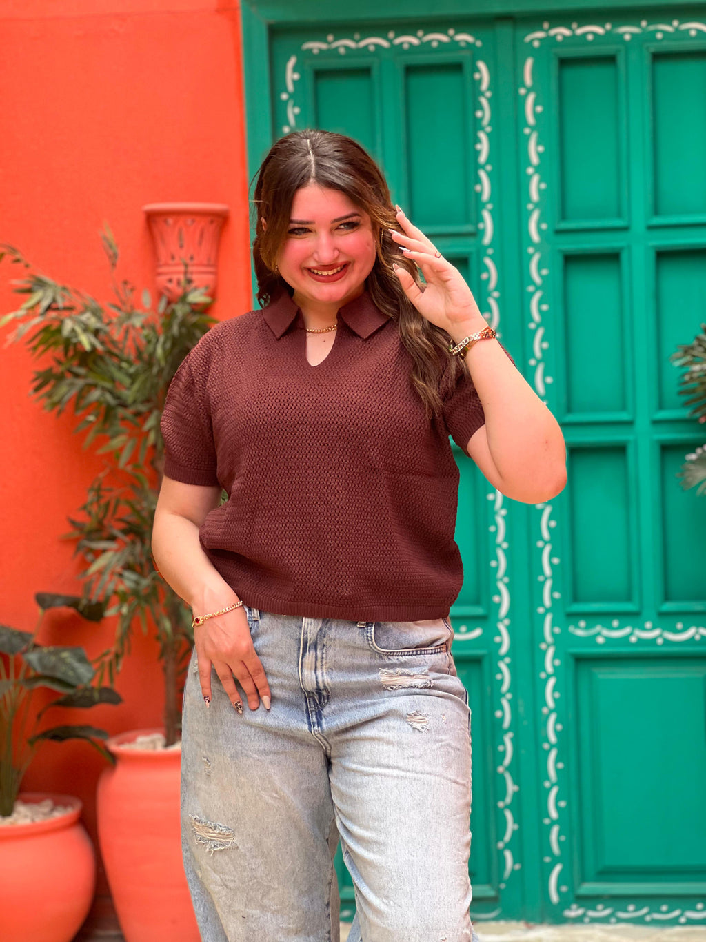 Open Knit Polo Top