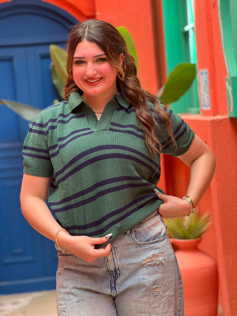 Striped Knit Polo Top