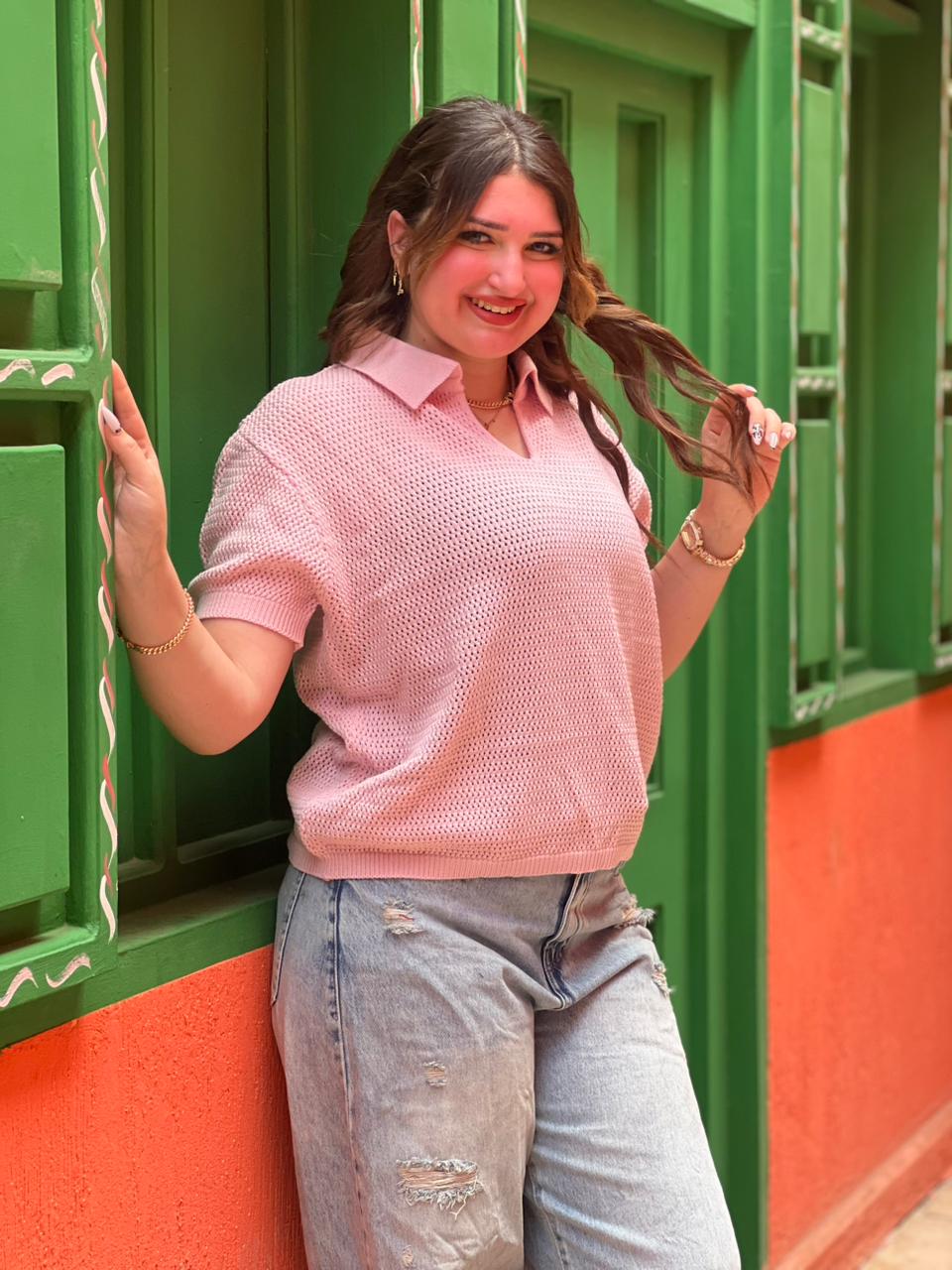 Open Knit Polo Top