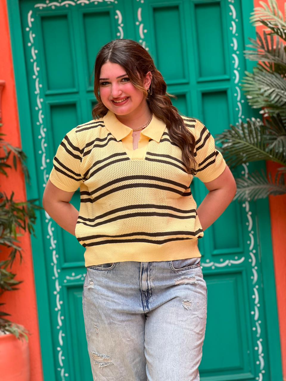 Striped Knit Polo Top