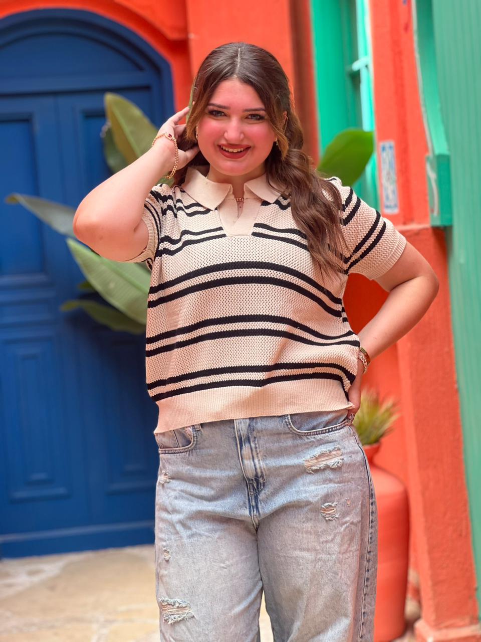 Striped Knit Polo Top