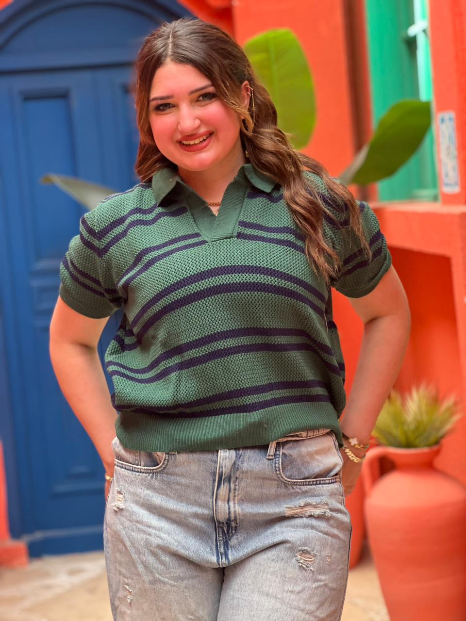 Striped Knit Polo Top