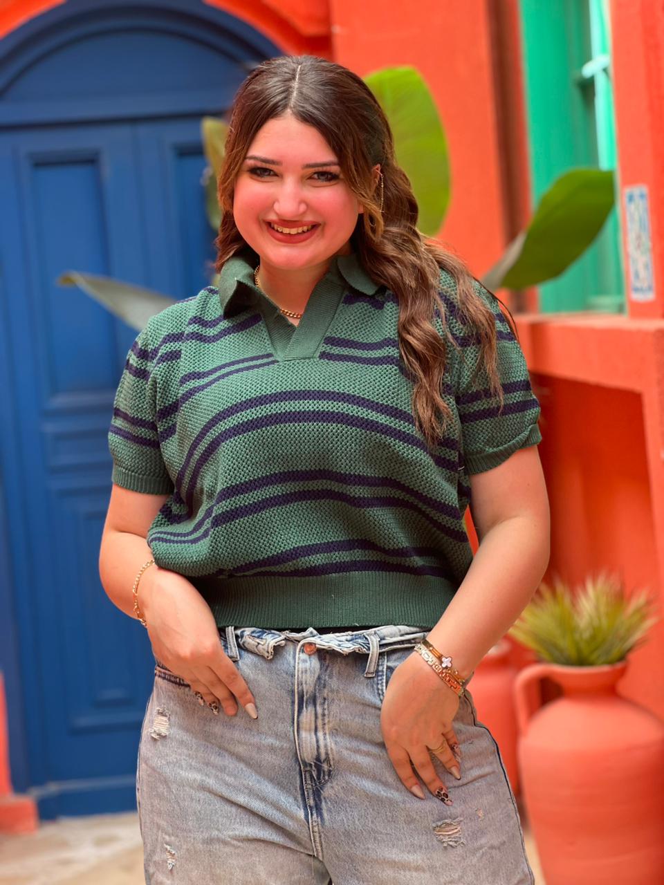 Striped Knit Polo Top