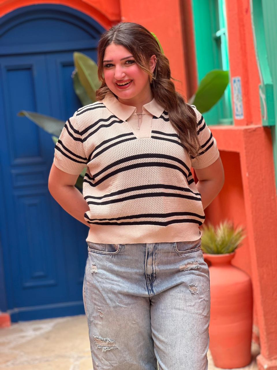 Striped Knit Polo Top