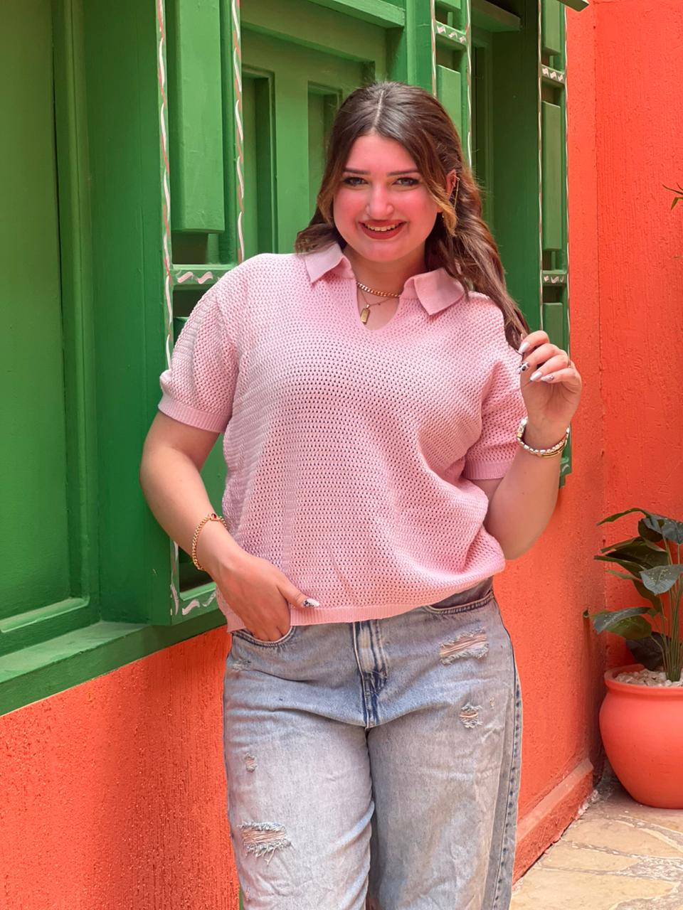 Open Knit Polo Top