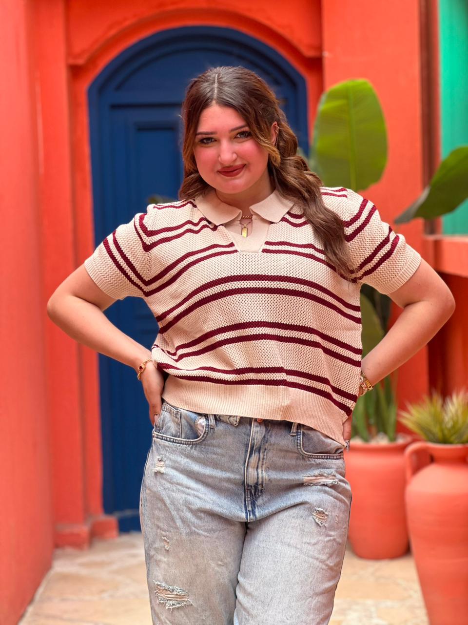 Striped Knit Polo Top