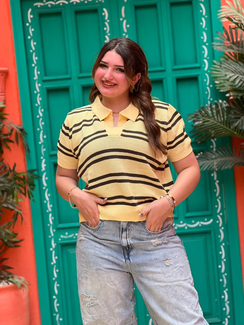 Striped Knit Polo Top