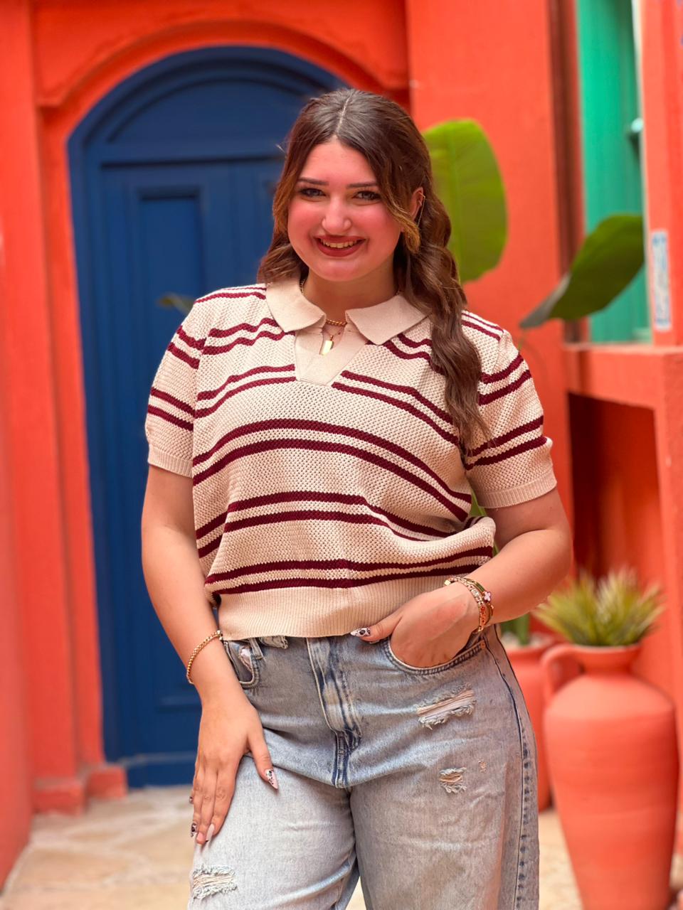Striped Knit Polo Top