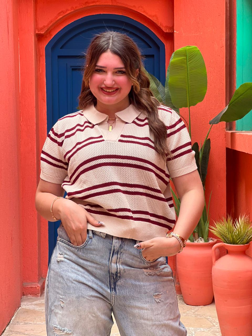 Striped Knit Polo Top