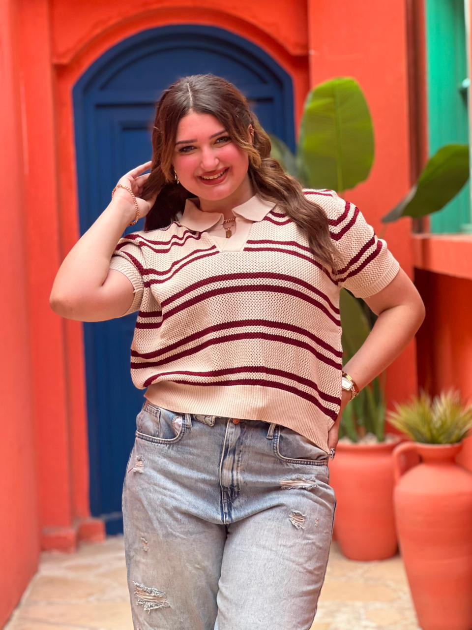 Striped Knit Polo Top