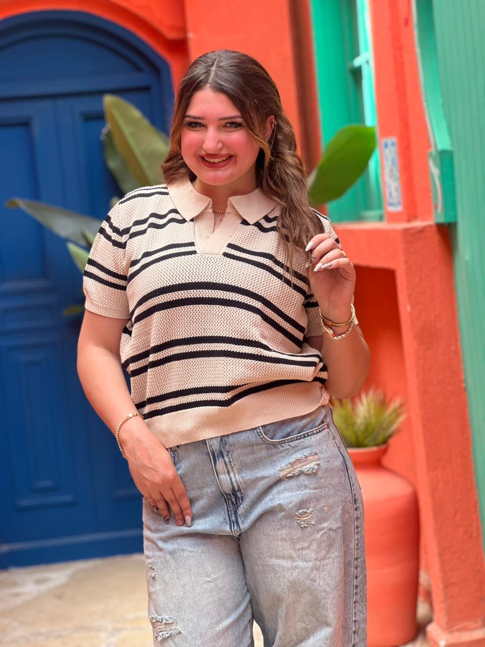 Striped Knit Polo Top